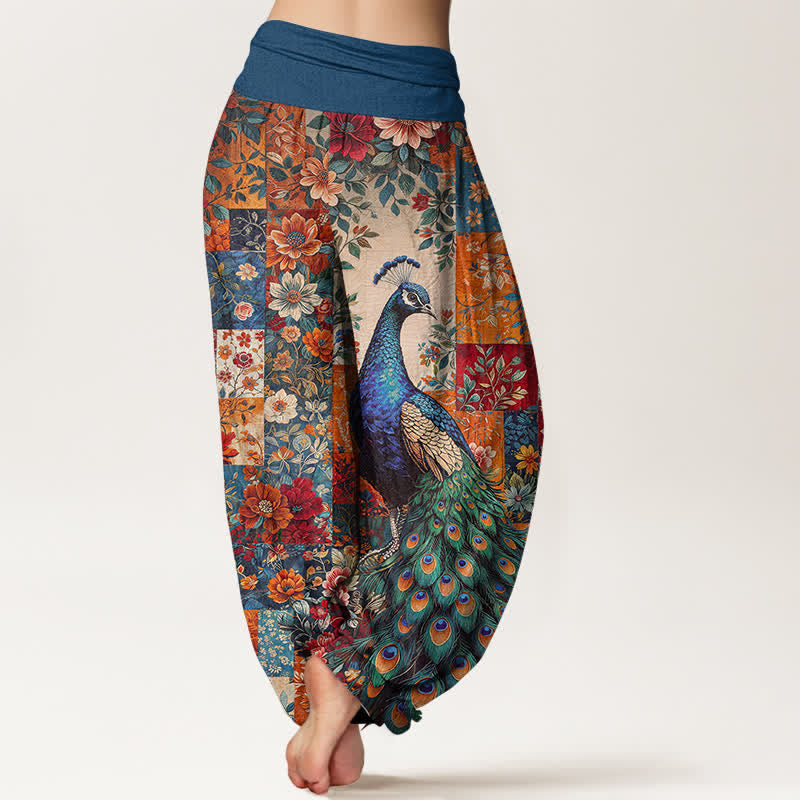 Buddha Stones Pantalones harem de mujer con cintura elástica y estampado floral de pavo real en algodón. - image 2