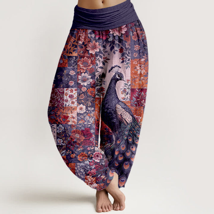 Buddha Stones Pantalones harem de mujer con cintura elástica y estampado floral de pavo real en algodón. - Índigo - US16，UK/AU20，EU48 (3XL) - image 5