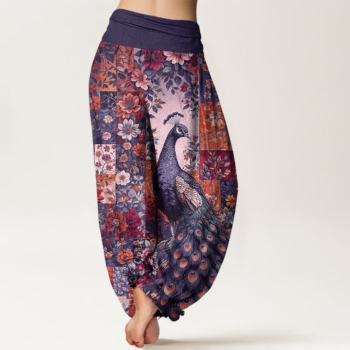 Buddha Stones Pantalones harem de mujer con cintura elástica y estampado floral de pavo real en algodón. - image 7
