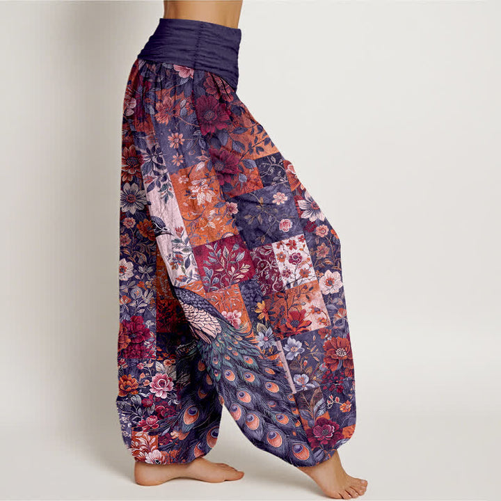 Buddha Stones Pantalones harem de mujer con cintura elástica y estampado floral de pavo real en algodón. - image 6