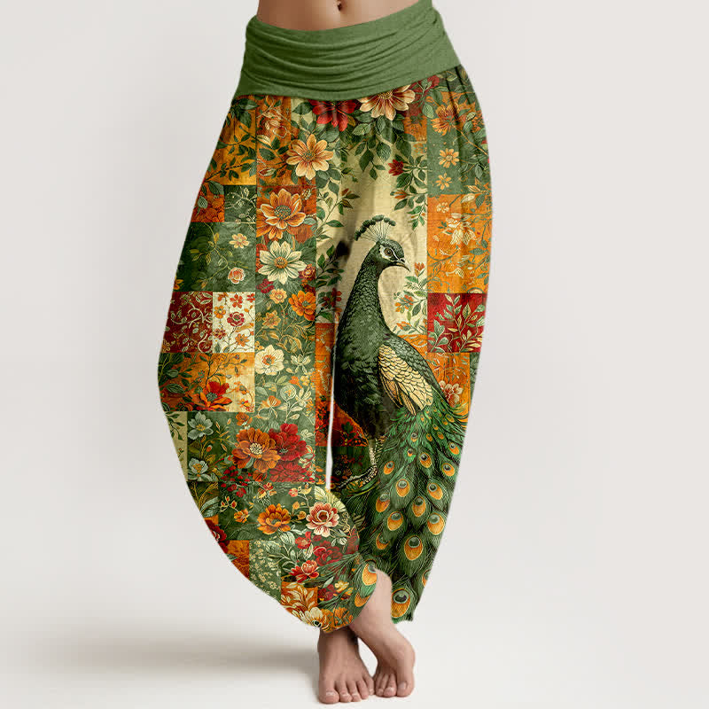 Buddha Stones Pantalones harem de mujer con cintura elástica y estampado floral de pavo real en algodón. - Verde oliva - US16，UK/AU20，EU48 (3XL) - image 8