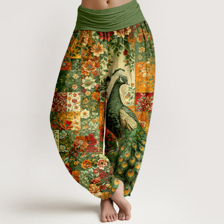 Buddha Stones Pantalones harem de mujer con cintura elástica y estampado floral de pavo real en algodón. - Verde oliva - US16，UK/AU20，EU48 (3XL) - image 8
