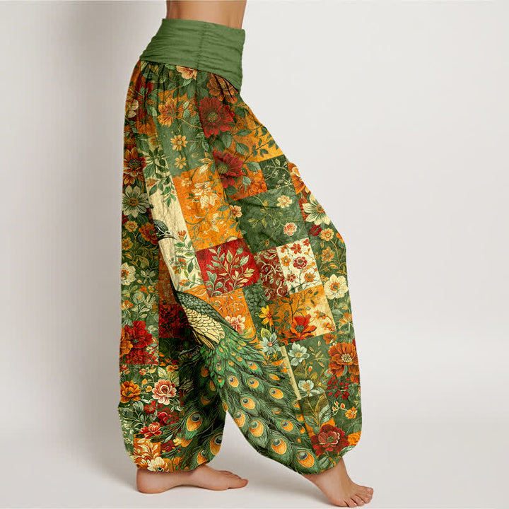 Buddha Stones Pantalones harem de mujer con cintura elástica y estampado floral de pavo real en algodón. - image 9