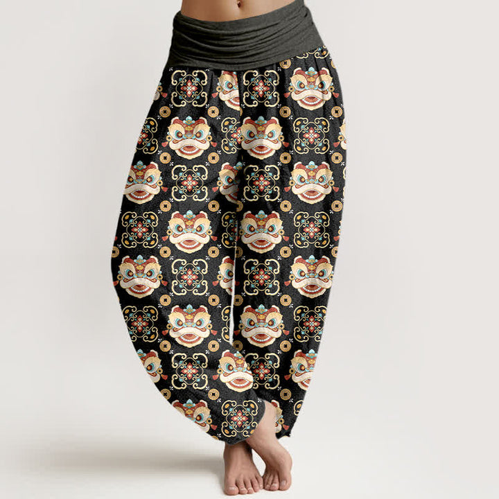 Buddha Stones Pantalones harem de mujer con cintura elástica y estampado de máscara de león tribal de algodón para mujer - Gris oscuro - US16，UK/AU20，EU48 (3XL) - image 0