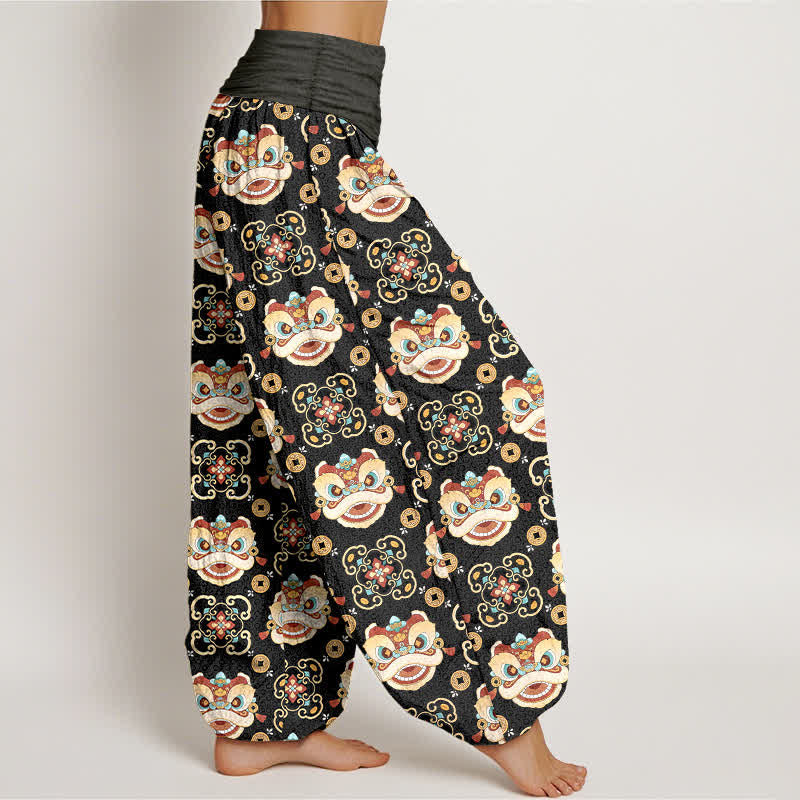 Buddha Stones Pantalones harem de mujer con cintura elástica y estampado de máscara de león tribal de algodón para mujer - image 1
