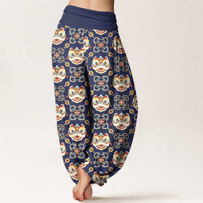Buddha Stones Pantalones harem de mujer con cintura elástica y estampado de máscara de león tribal de algodón para mujer - image 7