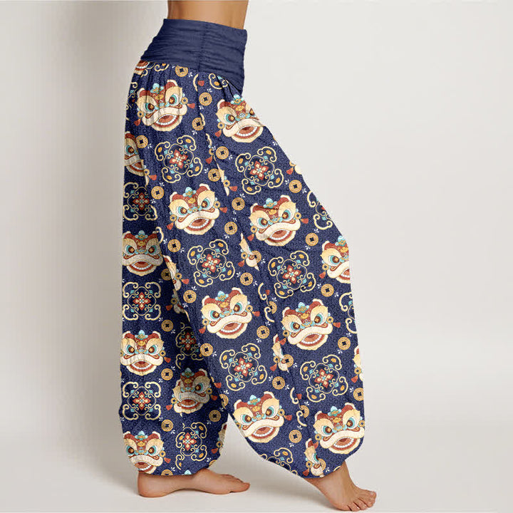 Buddha Stones Pantalones harem de mujer con cintura elástica y estampado de máscara de león tribal de algodón para mujer - image 6