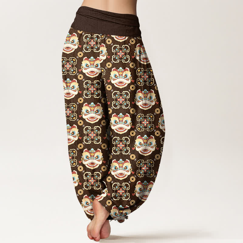 Buddha Stones Pantalones harem de mujer con cintura elástica y estampado de máscara de león tribal de algodón para mujer - image 10