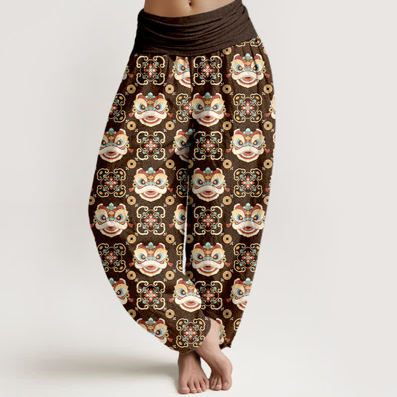 Buddha Stones Pantalones harem de mujer con cintura elástica y estampado de máscara de león tribal de algodón para mujer - Marrón silla de montar - US16，UK/AU20，EU48 (3XL) - image 8