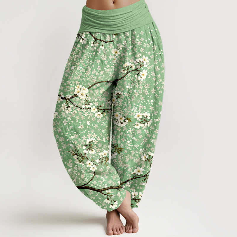 Buddha Stones Pantalones harem de mujer con cintura elástica y estampado de ramas de flores blancas de algodón. - Verde claro - US16，UK/AU20，EU48 (3XL) - image 0