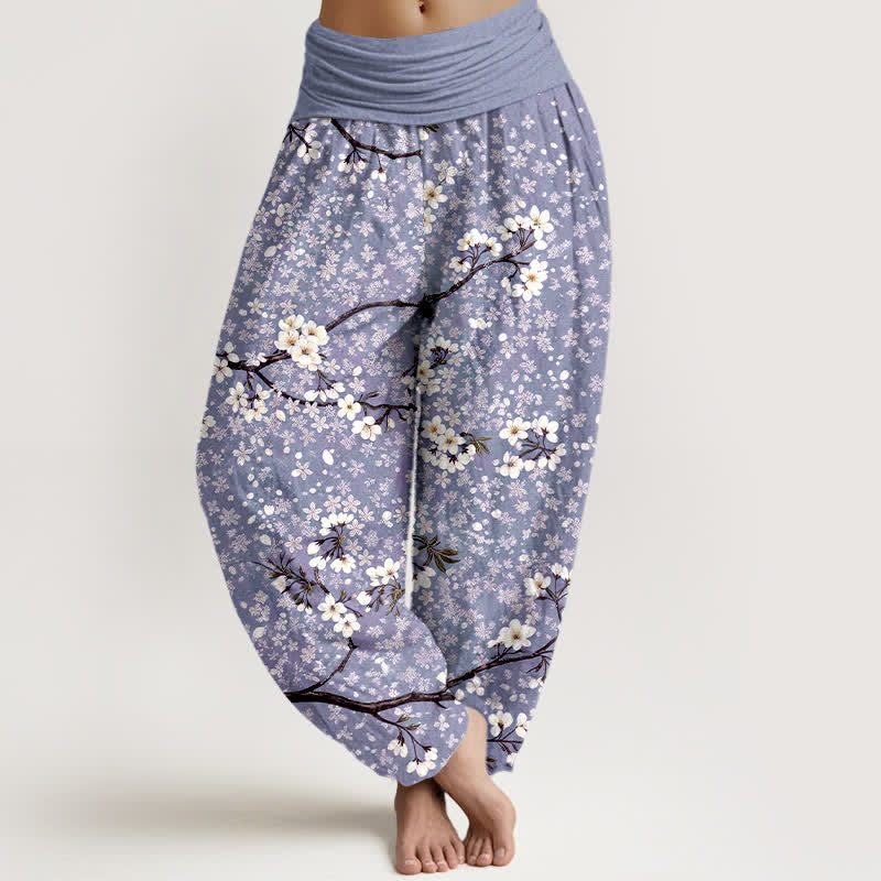 Buddha Stones Pantalones harem de mujer con cintura elástica y estampado de ramas de flores blancas de algodón. - Lavanda - US16，UK/AU20，EU48 (3XL) - image 5
