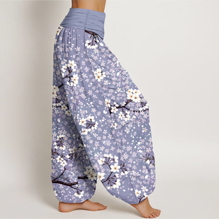 Buddha Stones Pantalones harem de mujer con cintura elástica y estampado de ramas de flores blancas de algodón. - image 6