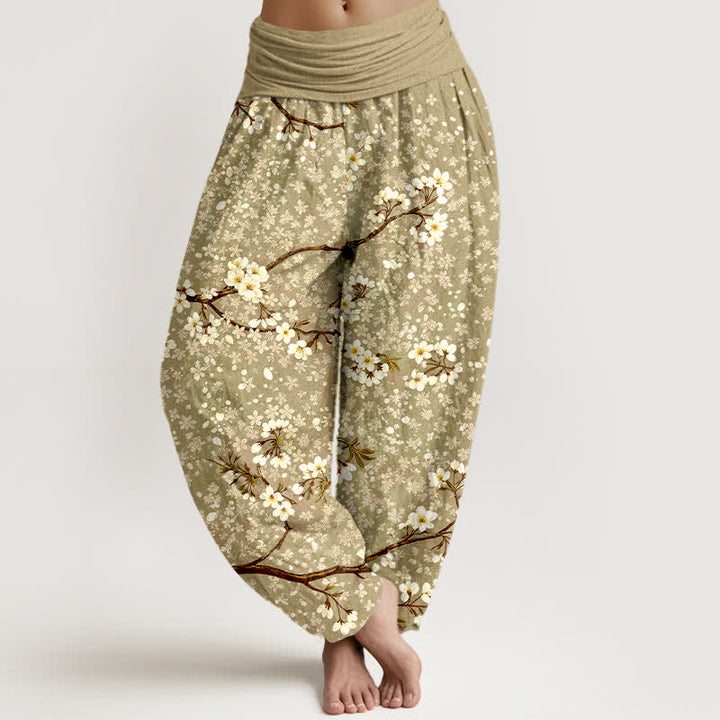 Buddha Stones Pantalones harem de mujer con cintura elástica y estampado de ramas de flores blancas de algodón. - Caqui oscuro - US16，UK/AU20，EU48 (3XL) - image 8