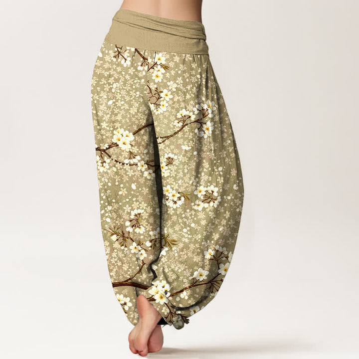 Buddha Stones Pantalones harem de mujer con cintura elástica y estampado de ramas de flores blancas de algodón. - image 10
