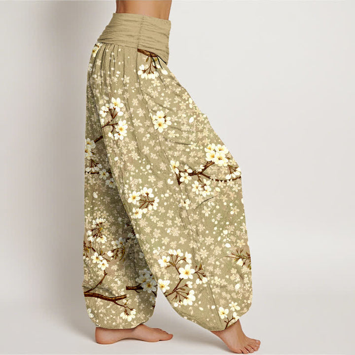 Buddha Stones Pantalones harem de mujer con cintura elástica y estampado de ramas de flores blancas de algodón. - image 9