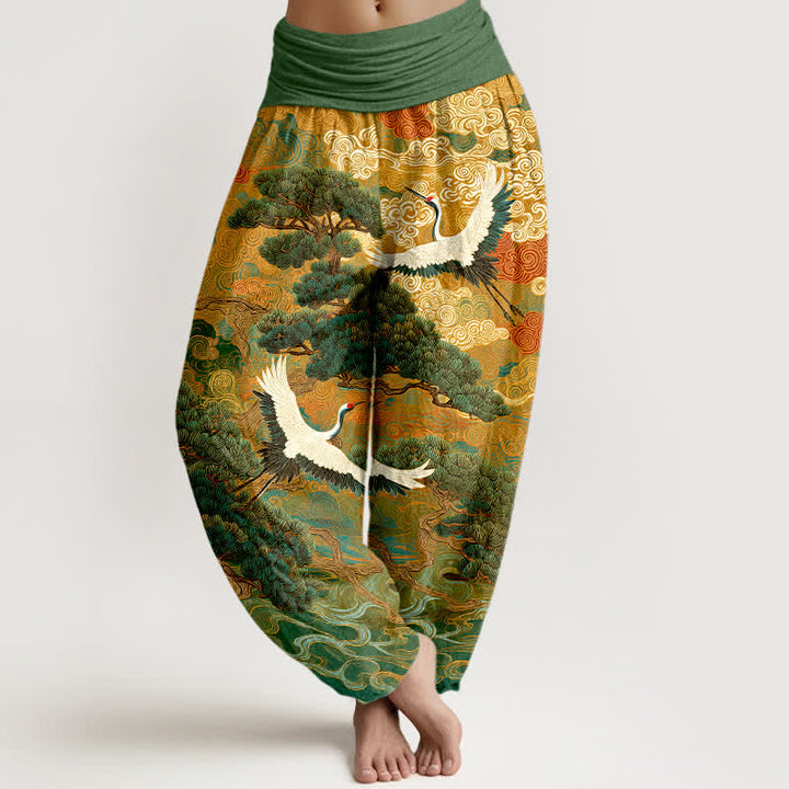 Buddha Stones Pantalones harem de mujer con cintura elástica y estampado de grullas y pinos de algodón. - Verde lima - US16，UK/AU20，EU48 (3XL) - image 0