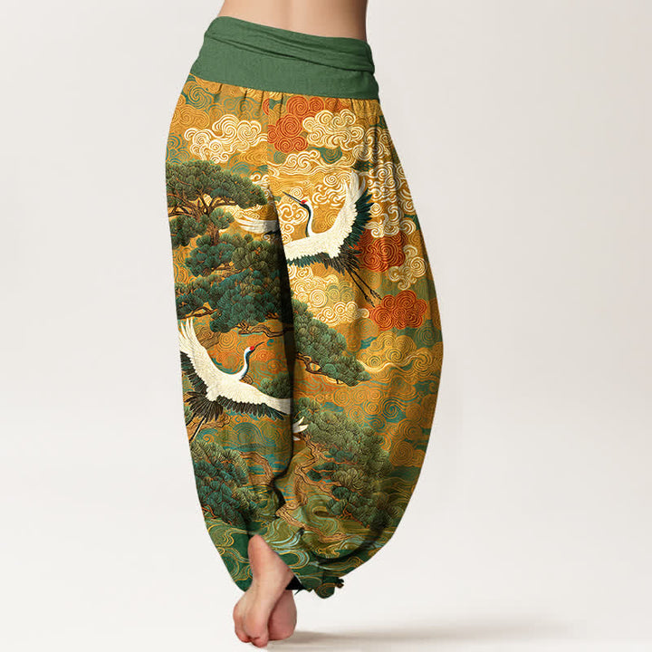 Buddha Stones Pantalones harem de mujer con cintura elástica y estampado de grullas y pinos de algodón. - image 2