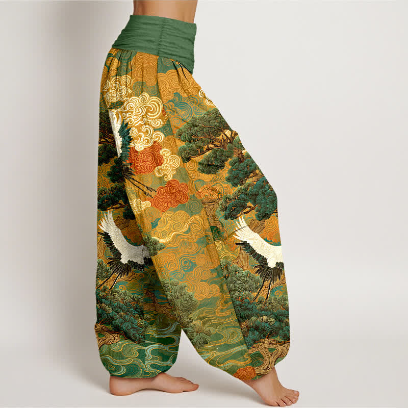 Buddha Stones Pantalones harem de mujer con cintura elástica y estampado de grullas y pinos de algodón. - image 1