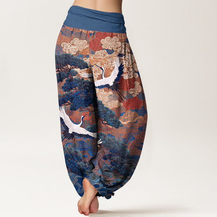 Buddha Stones Pantalones harem de mujer con cintura elástica y estampado de grullas y pinos de algodón. - image 7