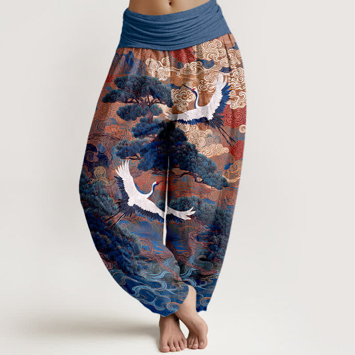 Buddha Stones Pantalones harem de mujer con cintura elástica y estampado de grullas y pinos de algodón. - Marina de guerra - US16，UK/AU20，EU48 (3XL) - image 5