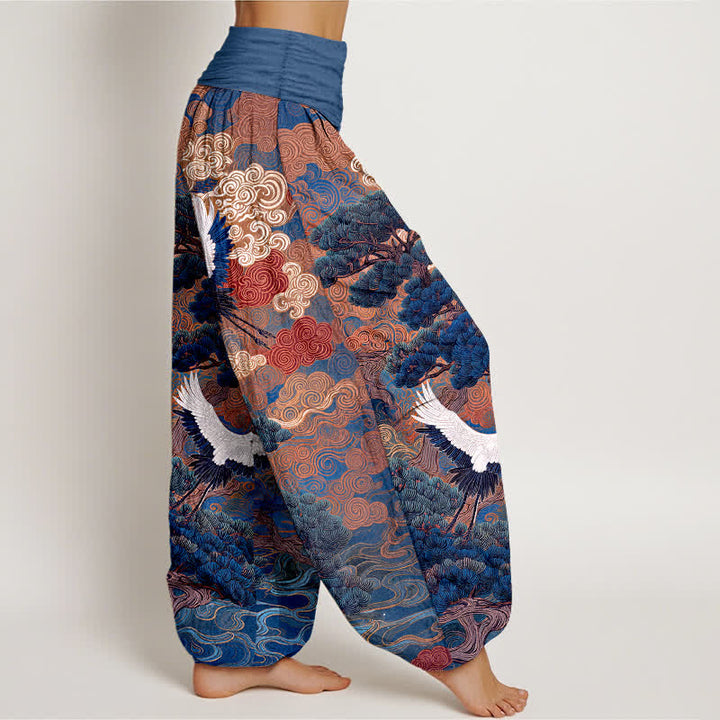 Buddha Stones Pantalones harem de mujer con cintura elástica y estampado de grullas y pinos de algodón. - image 6