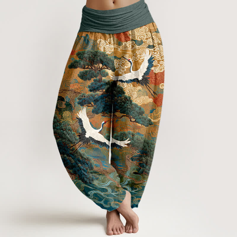 Buddha Stones Pantalones harem de mujer con cintura elástica y estampado de grullas y pinos de algodón. - Azul cadete - US16，UK/AU20，EU48 (3XL) - image 8