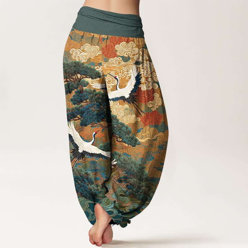 Buddha Stones Pantalones harem de mujer con cintura elástica y estampado de grullas y pinos de algodón. - image 10