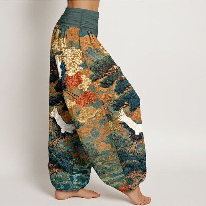 Buddha Stones Pantalones harem de mujer con cintura elástica y estampado de grullas y pinos de algodón. - image 9