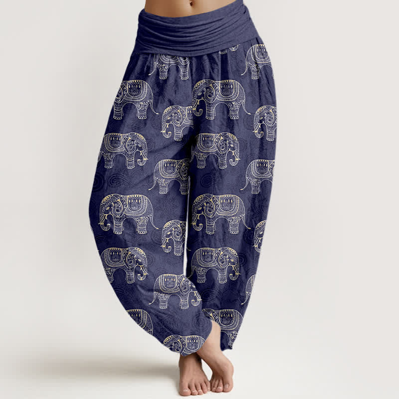 Buddha Stones Pantalones harem de algodón con estampado de elefante blanco y cintura elástica para mujer. - Marina de guerra - US16，UK/AU20，EU48 (3XL) - image 0