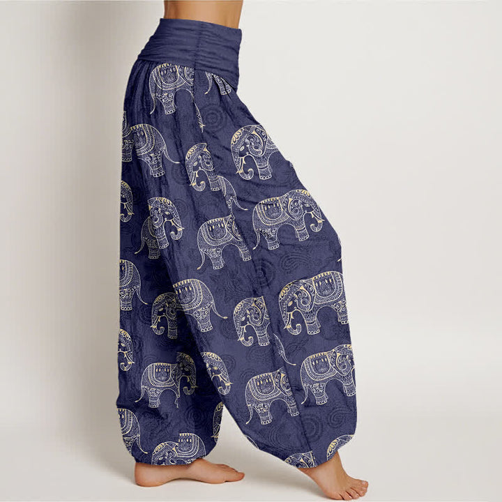 Buddha Stones Pantalones harem de algodón con estampado de elefante blanco y cintura elástica para mujer. - image 1