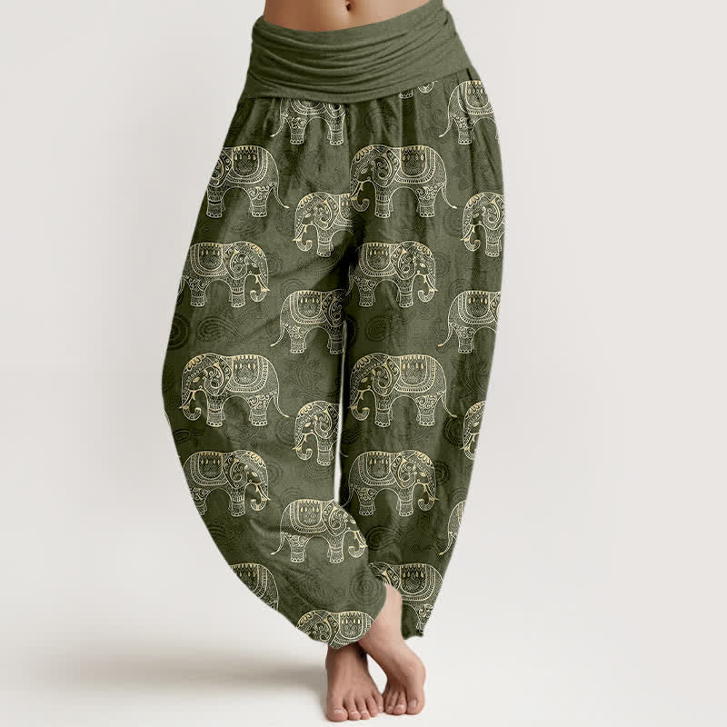 Buddha Stones Pantalones harem de algodón con estampado de elefante blanco y cintura elástica para mujer. - Verde oliva - US16，UK/AU20，EU48 (3XL) - image 5