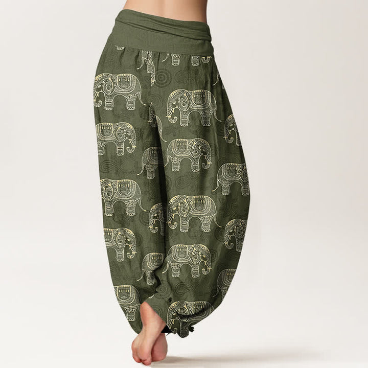 Buddha Stones Pantalones harem de algodón con estampado de elefante blanco y cintura elástica para mujer. - image 7