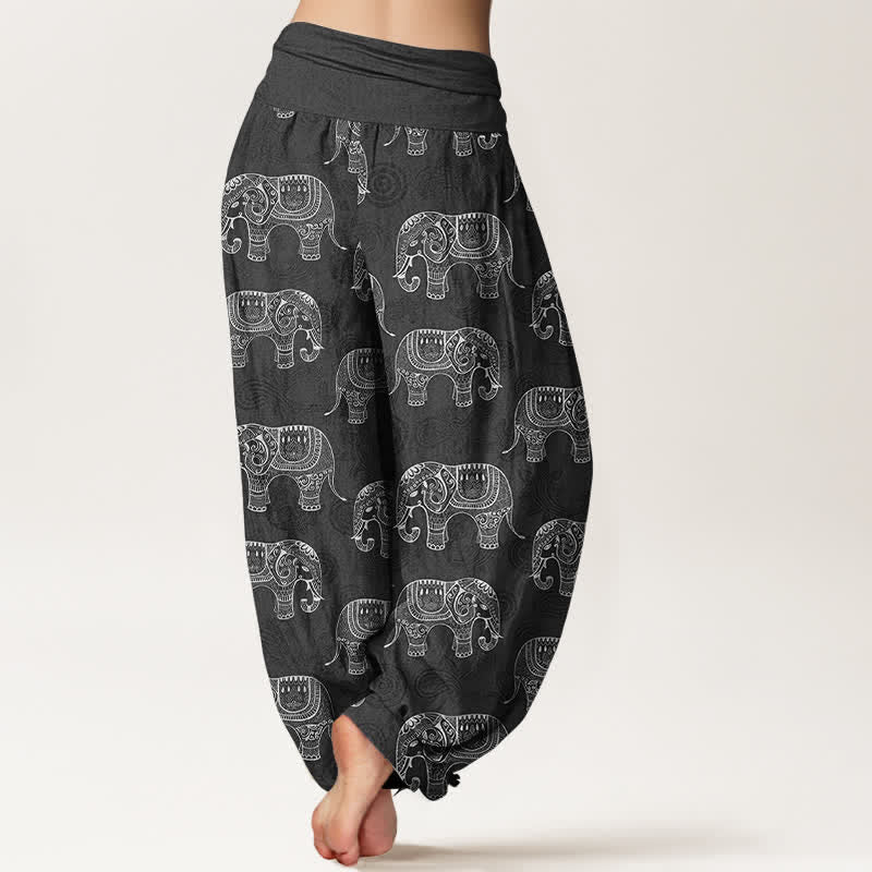 Buddha Stones Pantalones harem de algodón con estampado de elefante blanco y cintura elástica para mujer. - image 10