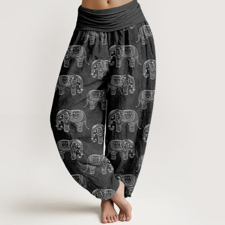 Buddha Stones Pantalones harem de algodón con estampado de elefante blanco y cintura elástica para mujer. - Gris oscuro - US16，UK/AU20，EU48 (3XL) - image 8