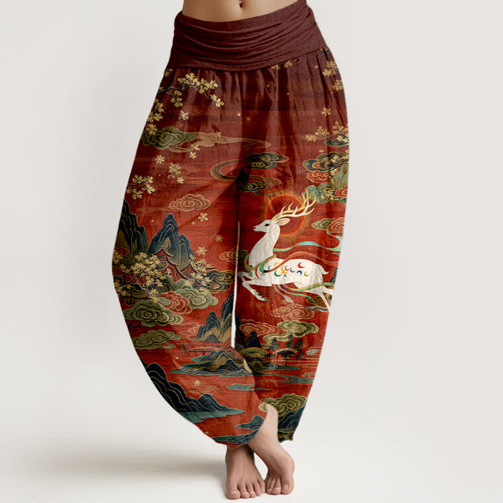 Buddha Stones Pantalones harem de mujer con cintura elástica y estampado de ciervos blancos y algodón. - Granate - US16，UK/AU20，EU48 (3XL) - image 0