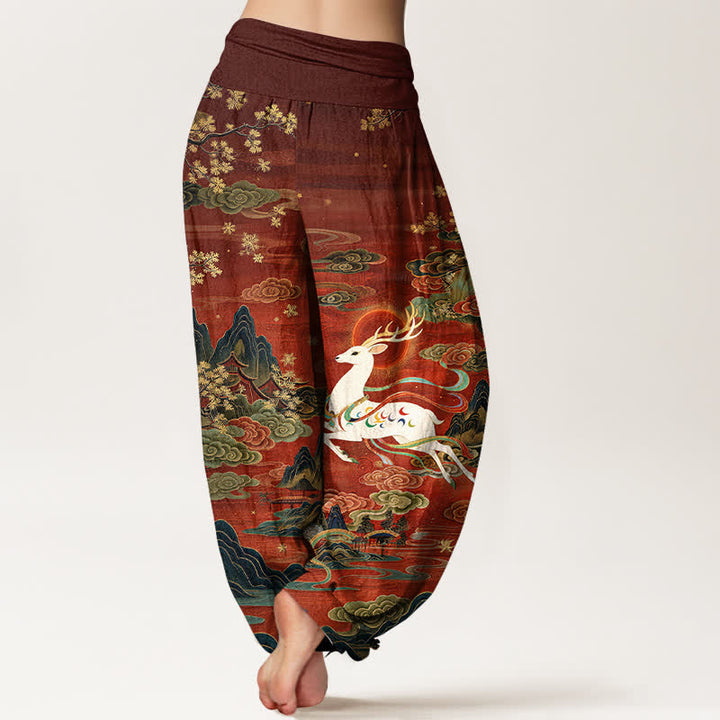 Buddha Stones Pantalones harem de mujer con cintura elástica y estampado de ciervos blancos y algodón. - image 2