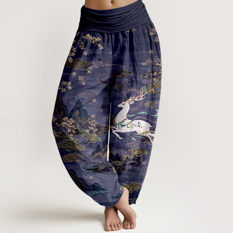 Buddha Stones Pantalones harem de mujer con cintura elástica y estampado de ciervos blancos y algodón. - Marina de guerra - US16，UK/AU20，EU48 (3XL) - image 5