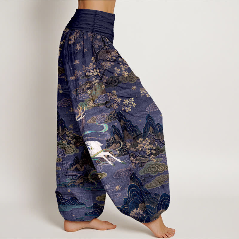 Buddha Stones Pantalones harem de mujer con cintura elástica y estampado de ciervos blancos y algodón. - image 6