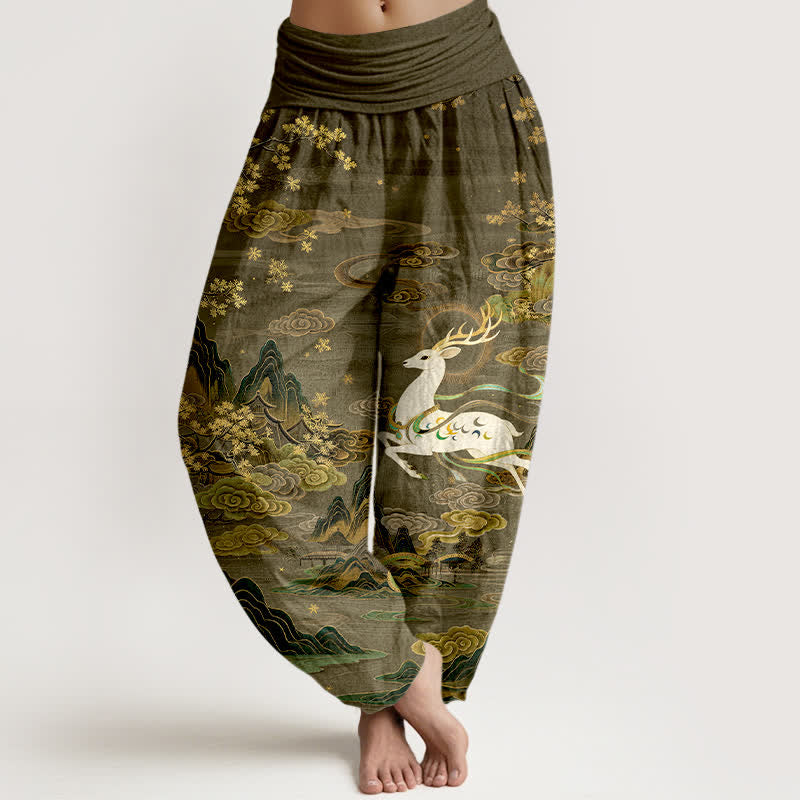 Buddha Stones Pantalones harem de mujer con cintura elástica y estampado de ciervos blancos y algodón. - Aceituna - US16，UK/AU20，EU48 (3XL) - image 8