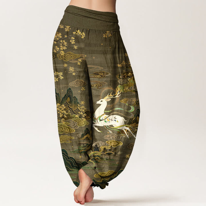 Buddha Stones Pantalones harem de mujer con cintura elástica y estampado de ciervos blancos y algodón. - image 10