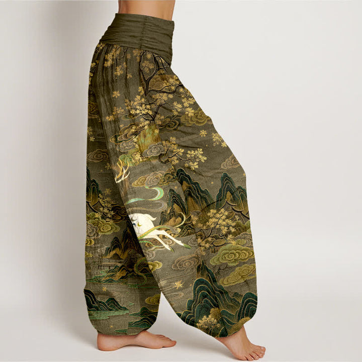 Buddha Stones Pantalones harem de mujer con cintura elástica y estampado de ciervos blancos y algodón. - image 9