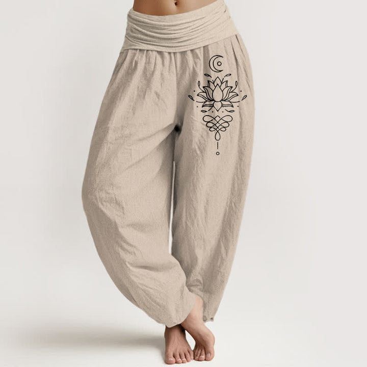 Buddha Stones Pantalones harem de mujer con cintura elástica, estampado de loto blanco y algodón puro para mujer. - Broncearse - US16，UK/AU20，EU48 (3XL) - image 11