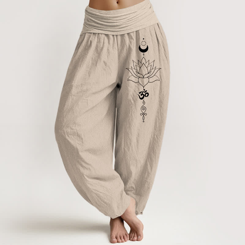 Buddha Stones Pantalones harem de algodón puro con estampado de loto, luna y Om para mujer, con cintura elástica. - Broncearse - US16，UK/AU20，EU48 (3XL) - image 0