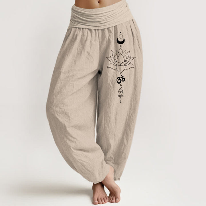 Buddha Stones Pantalones harem de algodón puro con estampado de loto, luna y Om para mujer, con cintura elástica. - Broncearse - US16，UK/AU20，EU48 (3XL) - image 0
