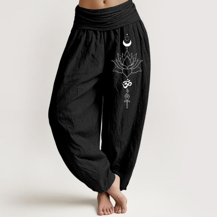 Buddha Stones Pantalones harem de algodón puro con estampado de loto, luna y Om para mujer, con cintura elástica. - Negro - US16，UK/AU20，EU48 (3XL) - image 5