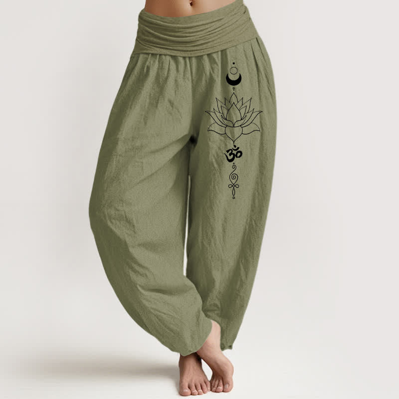 Buddha Stones Pantalones harem de algodón puro con estampado de loto, luna y Om para mujer, con cintura elástica. - Verde oliva - US16，UK/AU20，EU48 (3XL) - image 14