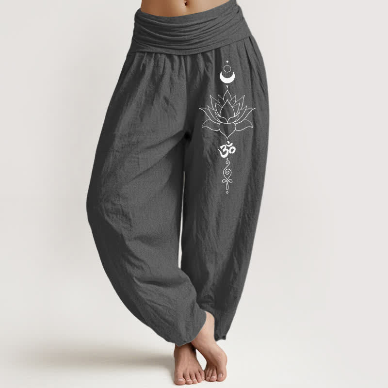 Buddha Stones Pantalones harem de algodón puro con estampado de loto, luna y Om para mujer, con cintura elástica. - Gris oscuro - US16，UK/AU20，EU48 (3XL) - image 11