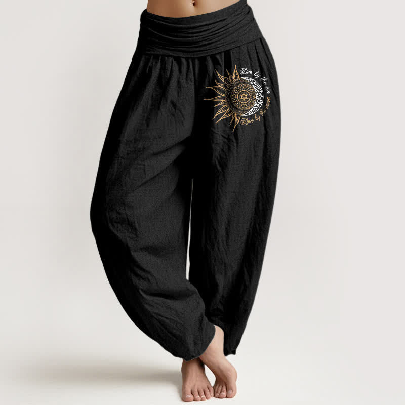 Buddha Stones Pantalones harem de algodón puro con estampado de mandala de sol y luna para mujer con cintura elástica. - Negro - US16，UK/AU20，EU48 (3XL) - image 0