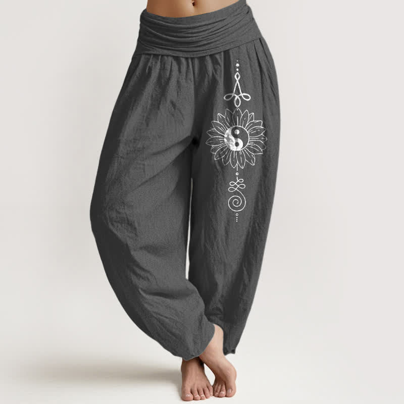 Buddha Stones Pantalones harem de algodón puro con estampado de girasoles y yin yang para mujer con cintura elástica. - Gris oscuro - US16，UK/AU20，EU48 (3XL) - image 11