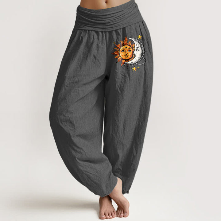 Buddha Stones Pantalones harem de algodón puro con estampado de sol y luna para mujer, cintura elástica. - Gris oscuro - US16，UK/AU20，EU48 (3XL) - image 8